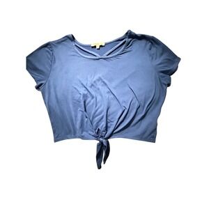 Love J Blue Short Sleeve Front Tie Knot Crop Top Strappy Neckline Size Medium